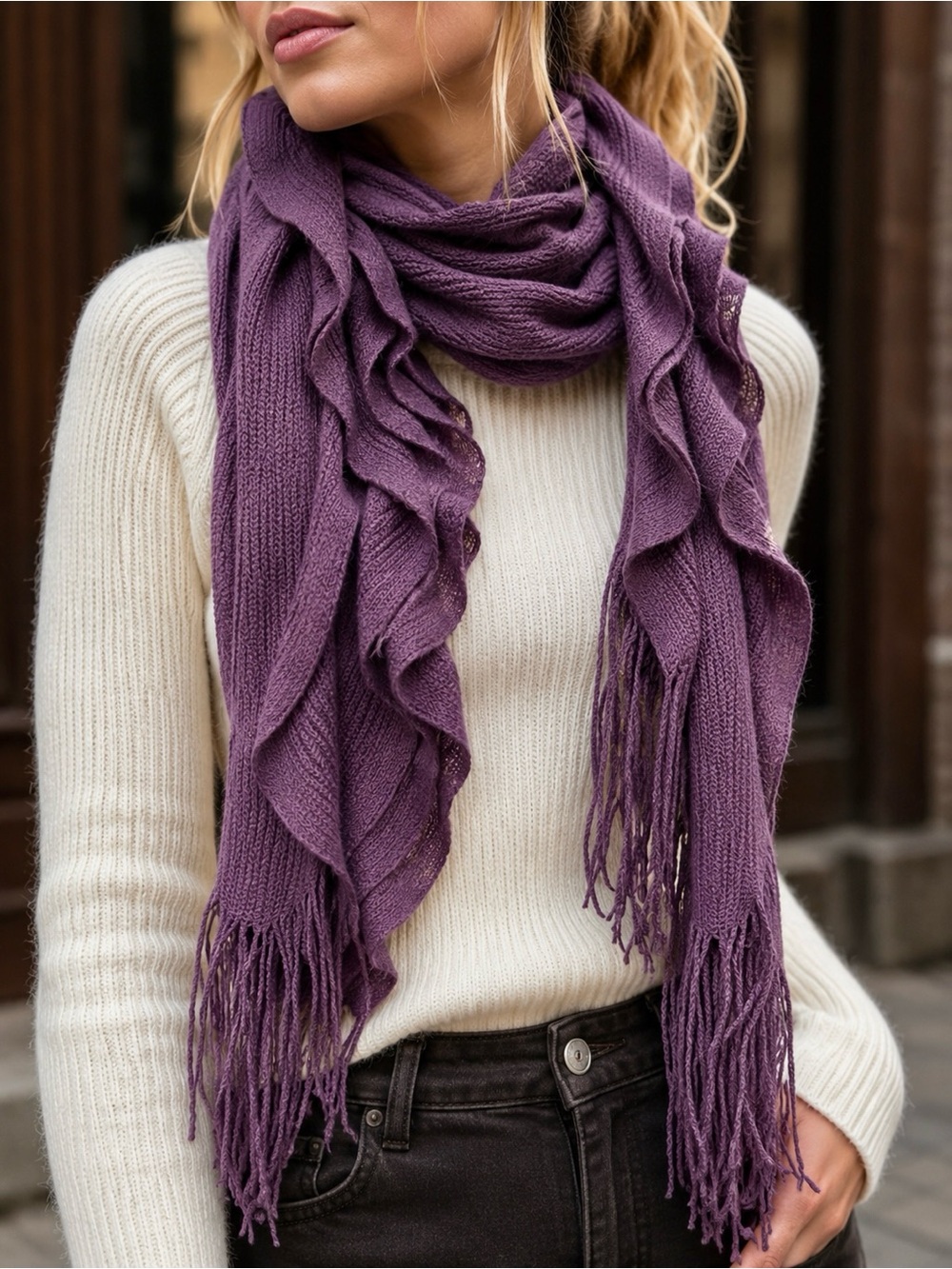 Renee’s NYC Plum Knit Scarf Ruffle Fringe Long Soft Stretch Wrap Shawl